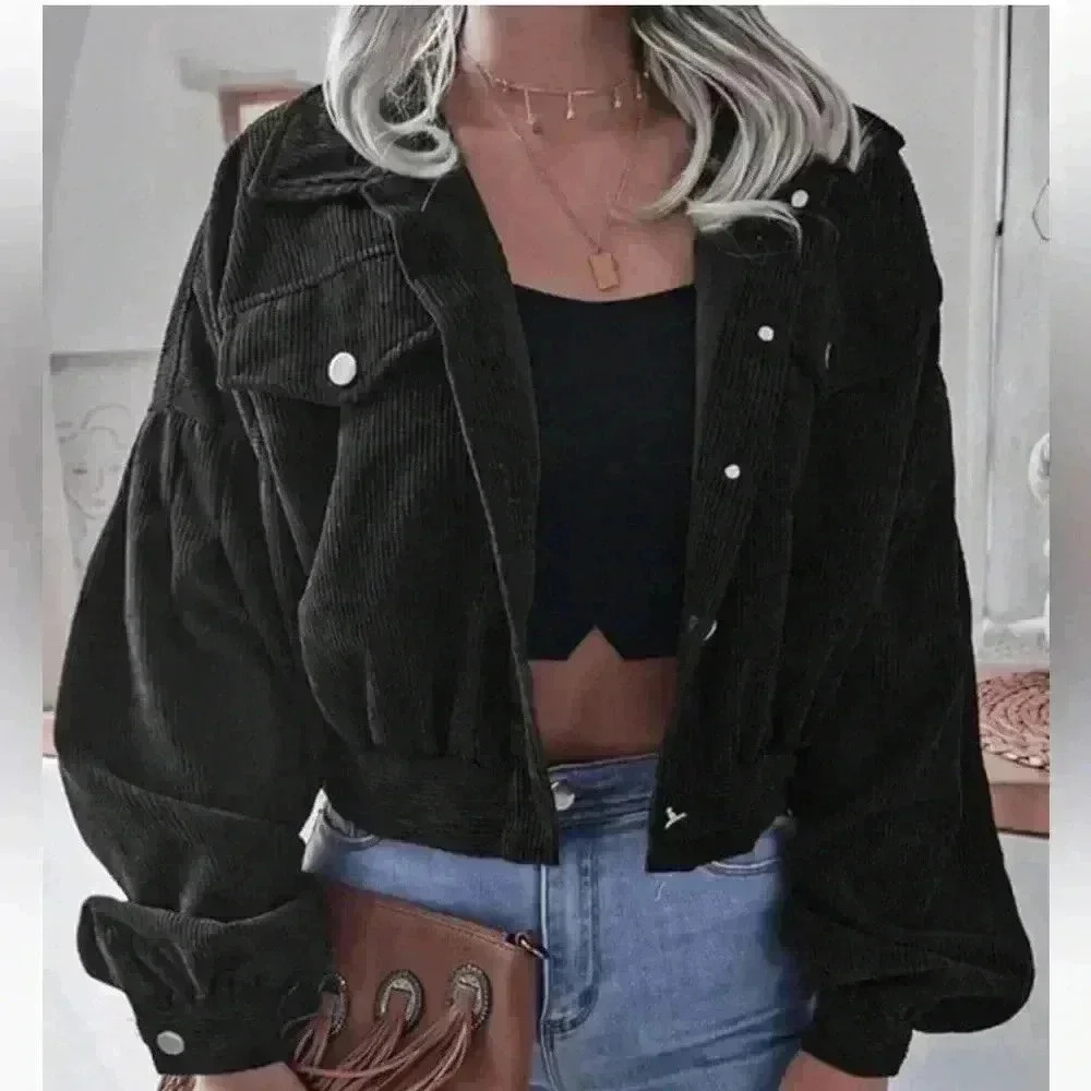 Shein Women’s Corduroy Black Cropped Jacket Puffy Sleeve Patched Pockets Sz S